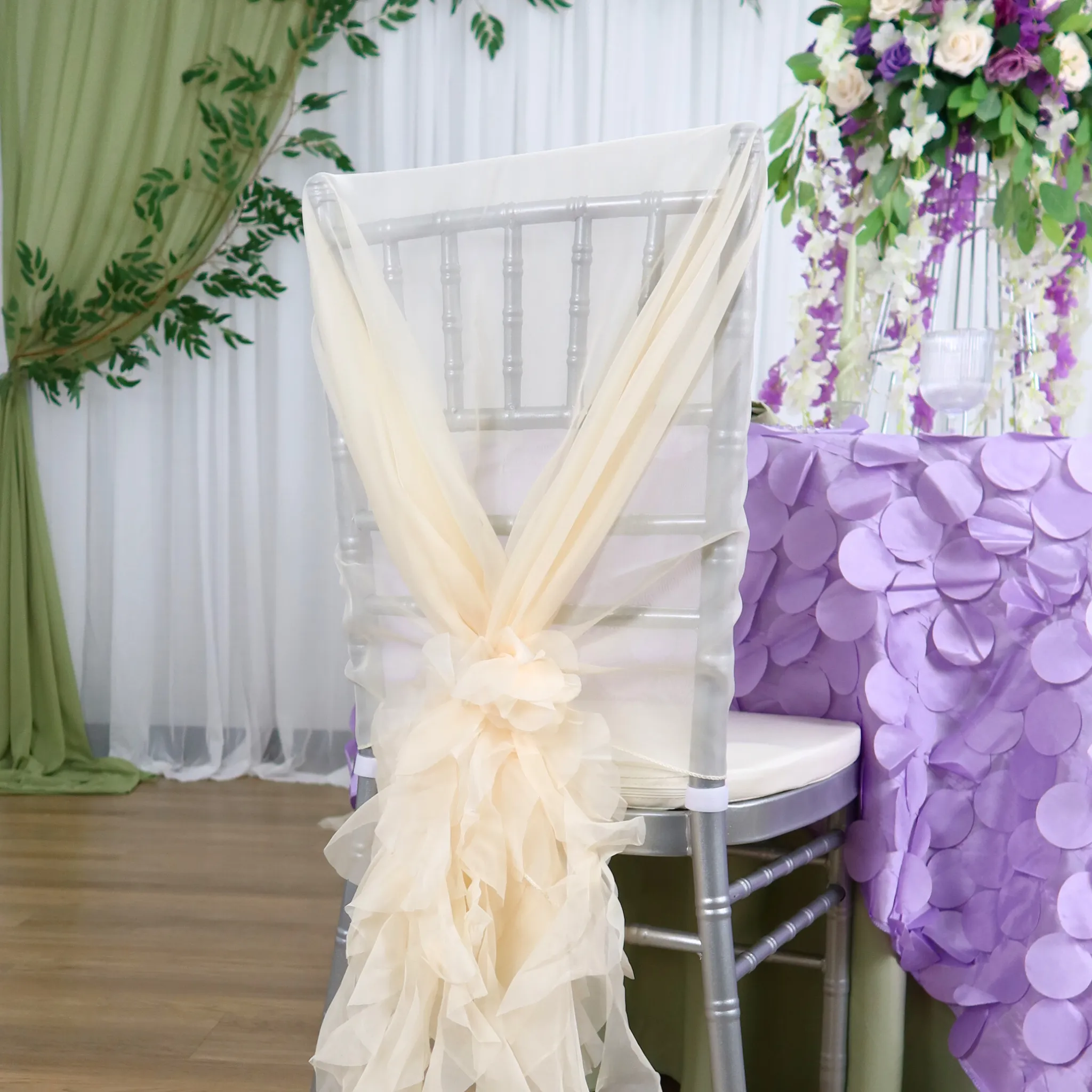 1 Set of Soft Curly Willow Ruffles Chair Sash & Cap - Ivory