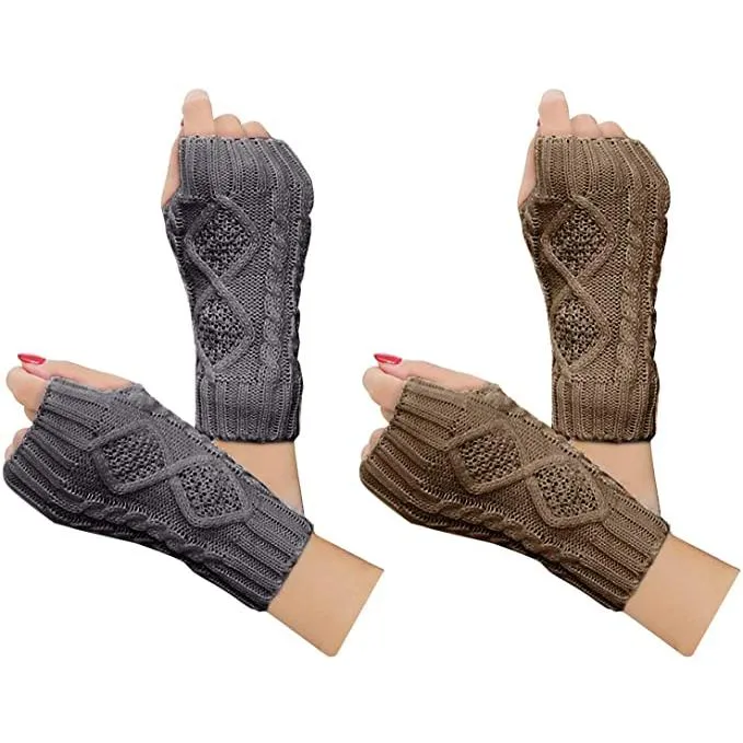 2-Pairs: Women's Winter Warm Knit Fingerless Gloves