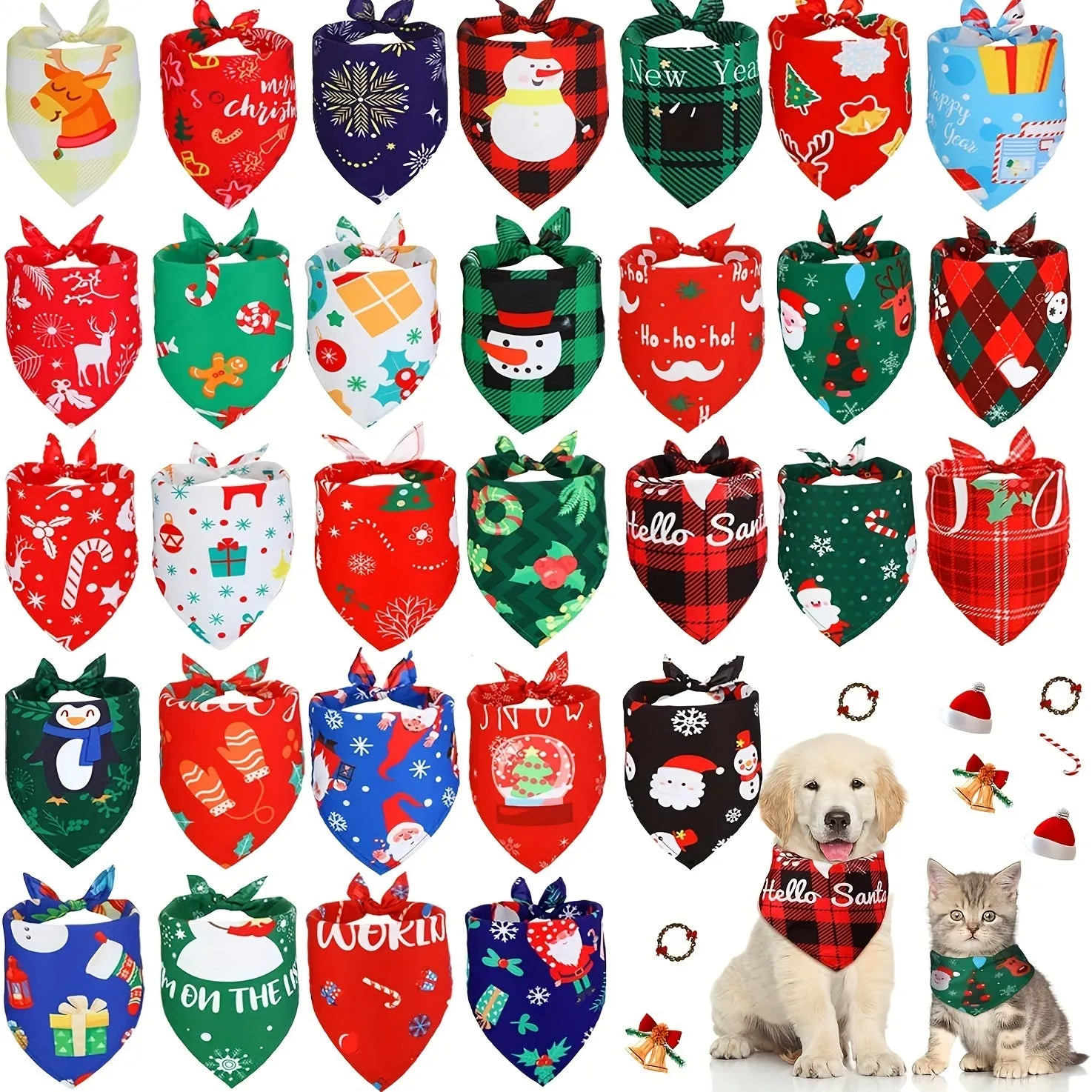 30pcs Christmas Dog Bandanas, Dog Bibs Holiday Pet Costume Dog Christmas Outfit Triangle Scarf