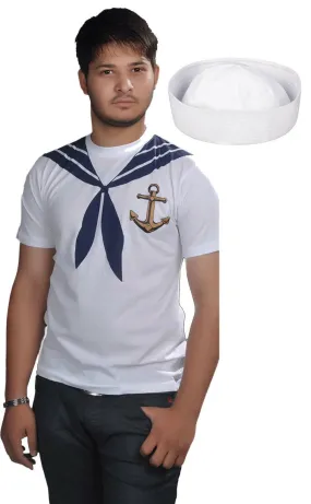 Adults Sailor Man T-shirt White Doughboy Hat Navy Marine Sea Party Costume