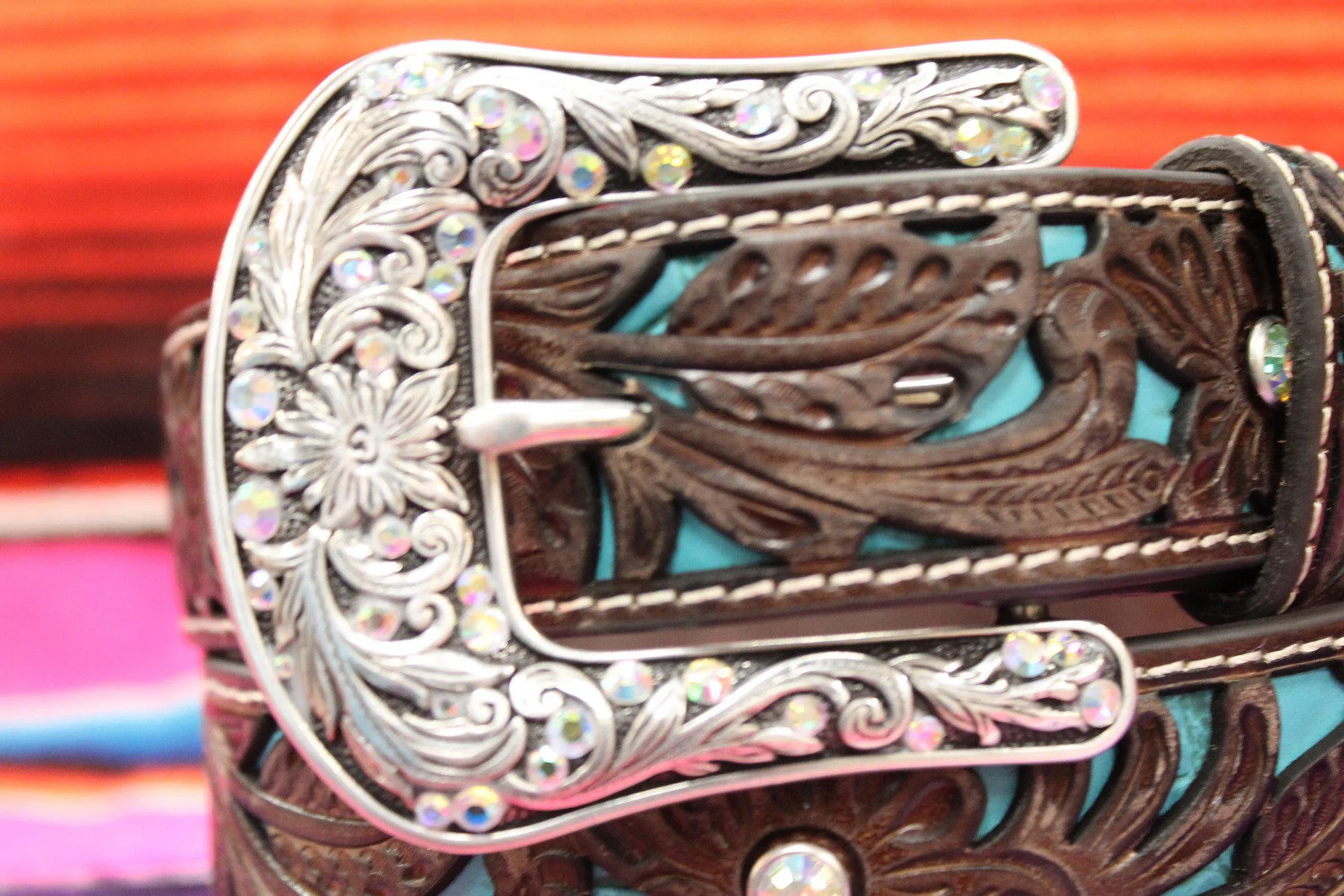 Ariat Women's Floral Embossed Belt with Rhinestone and Turquoise Inlay