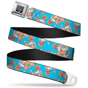 BD Wings Logo CLOSE-UP Full Color Black Silver Seatbelt Belt - Blonde Pin Up Girl Bright Blue Webbing