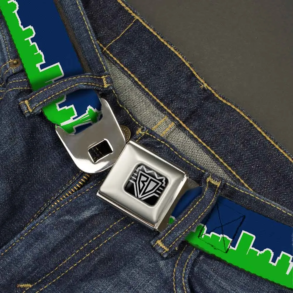 BD Wings Logo CLOSE-UP Full Color Black Silver Seatbelt Belt - Seattle Skyline Navy/Bright Green Webbing