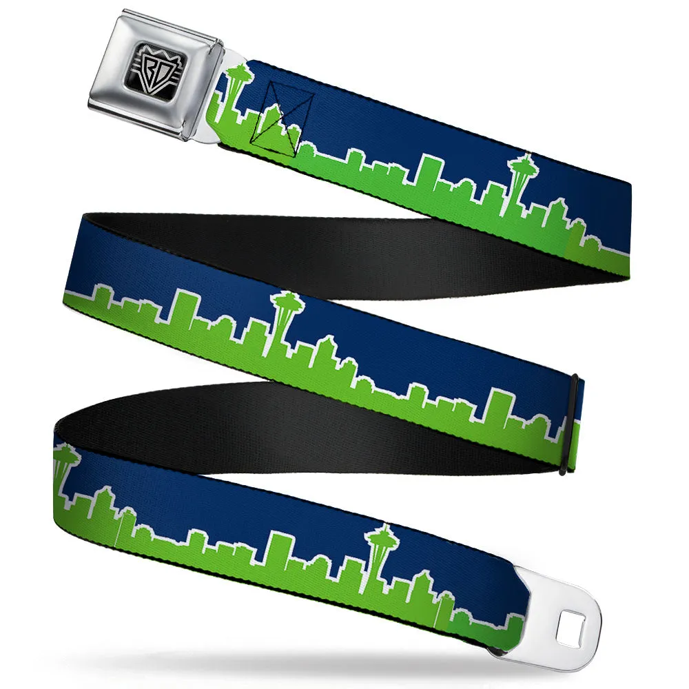 BD Wings Logo CLOSE-UP Full Color Black Silver Seatbelt Belt - Seattle Skyline Navy/Bright Green Webbing