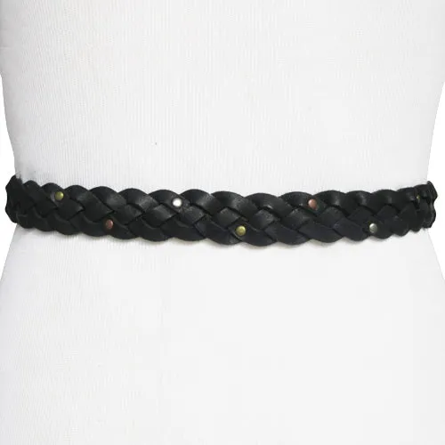 Black Skinny Braided Belt with Bronze, Silver and Brass Micro Studs