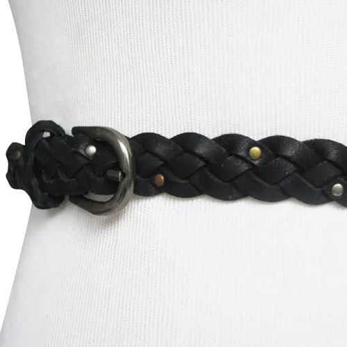 Black Skinny Braided Belt with Bronze, Silver and Brass Micro Studs