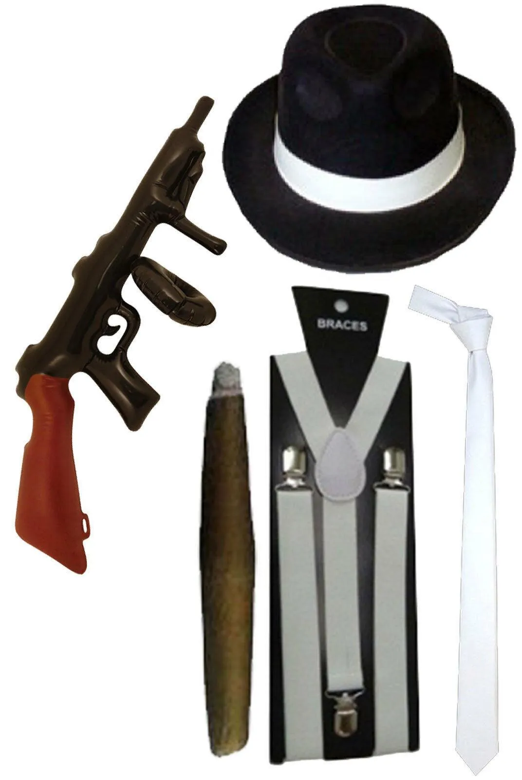 Boys Men Hat Tie Braces Tommy gun Cigar Gangster Fancy Dress