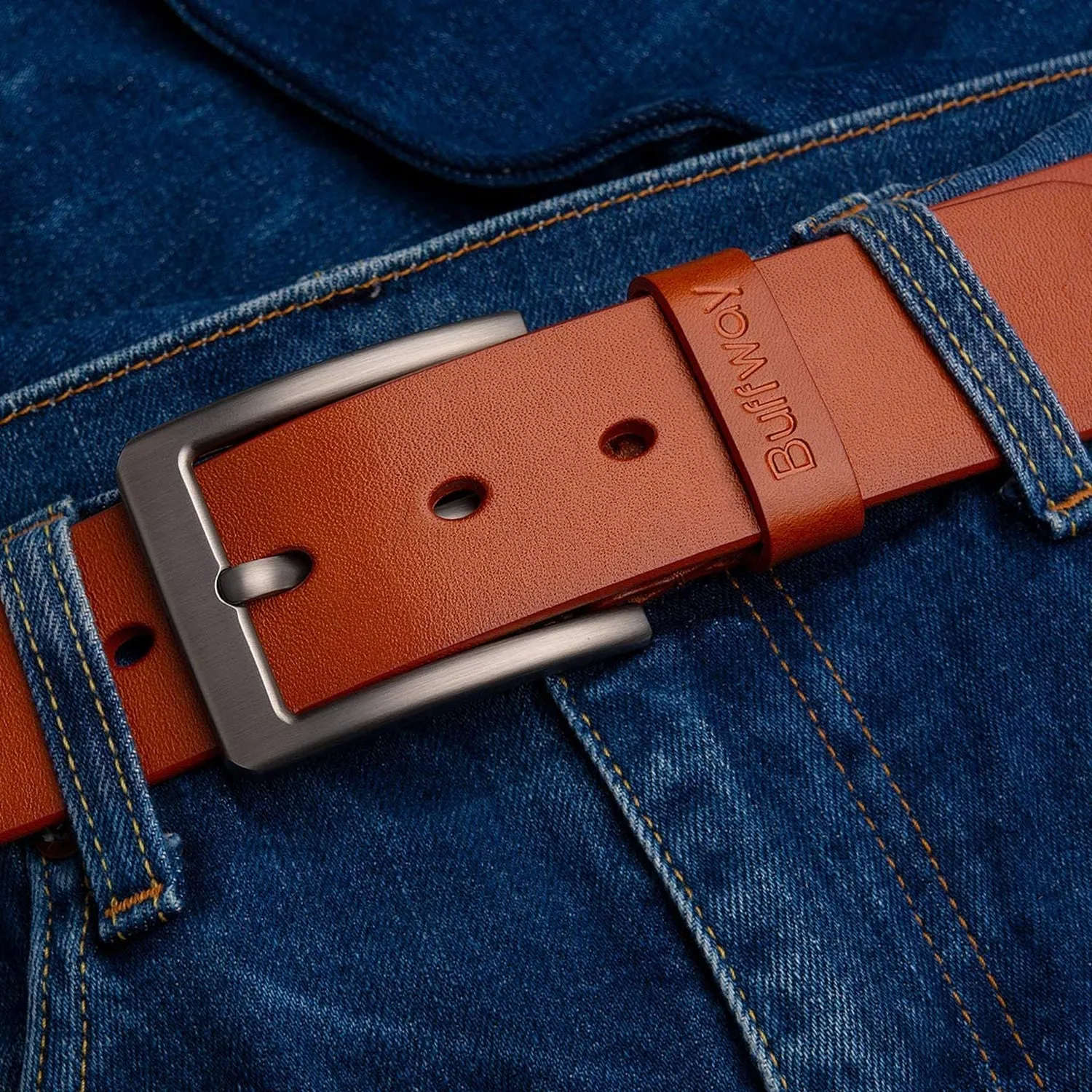 Buffway - Men's Belt Heavy Duty Italian Leather | Width 1.5" | Color Bright Brown