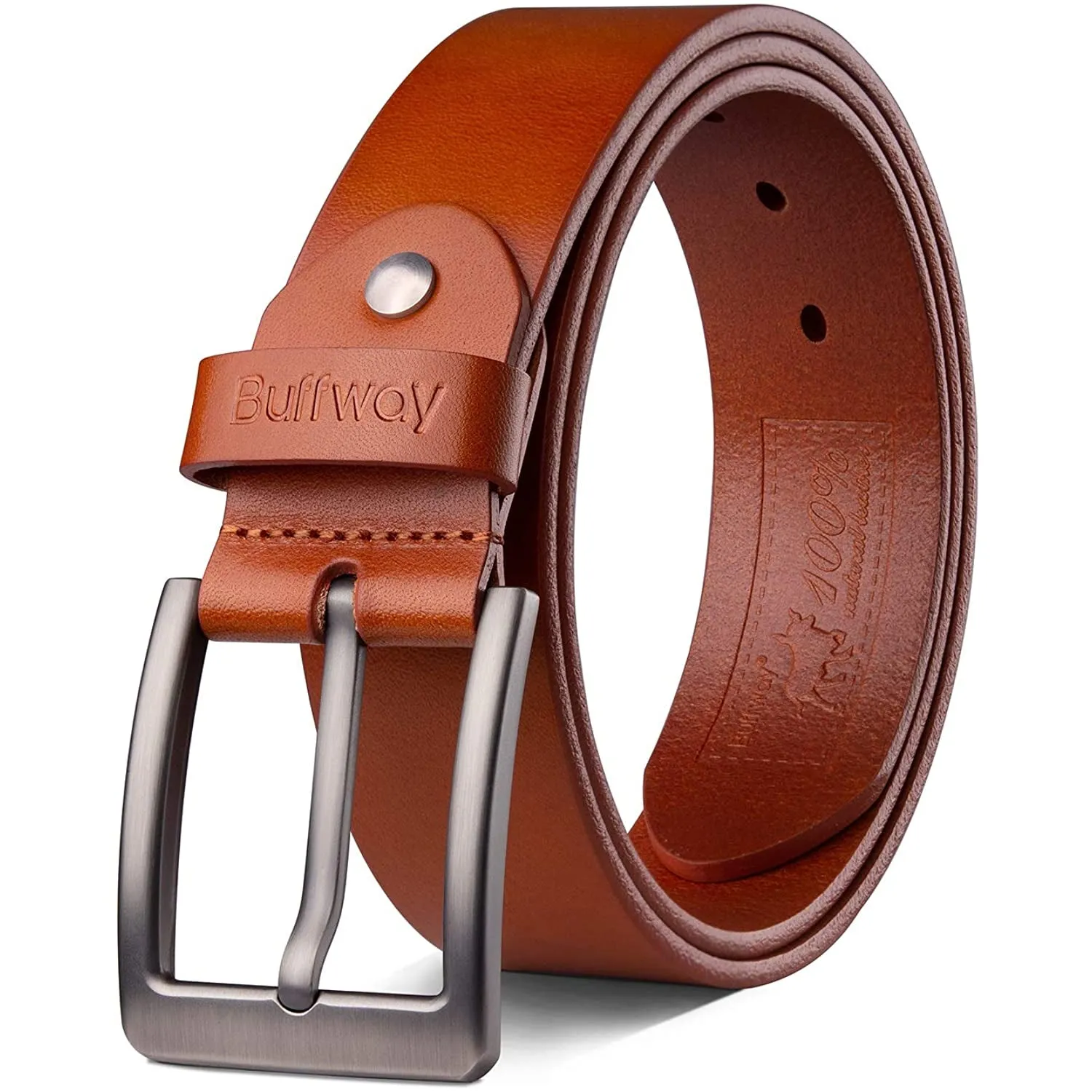 Buffway - Men's Belt Heavy Duty Italian Leather | Width 1.5" | Color Bright Brown