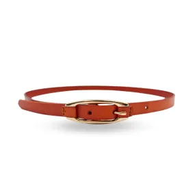 CADIA - Women's Tan Genuine Leather Skinny Belt with Oval Gold buckle