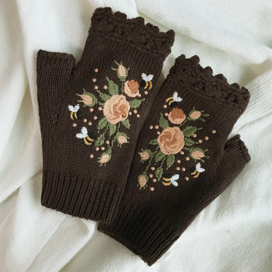 Hand Embroidered Gloves Women's Knitted Gloves Flower Gloves