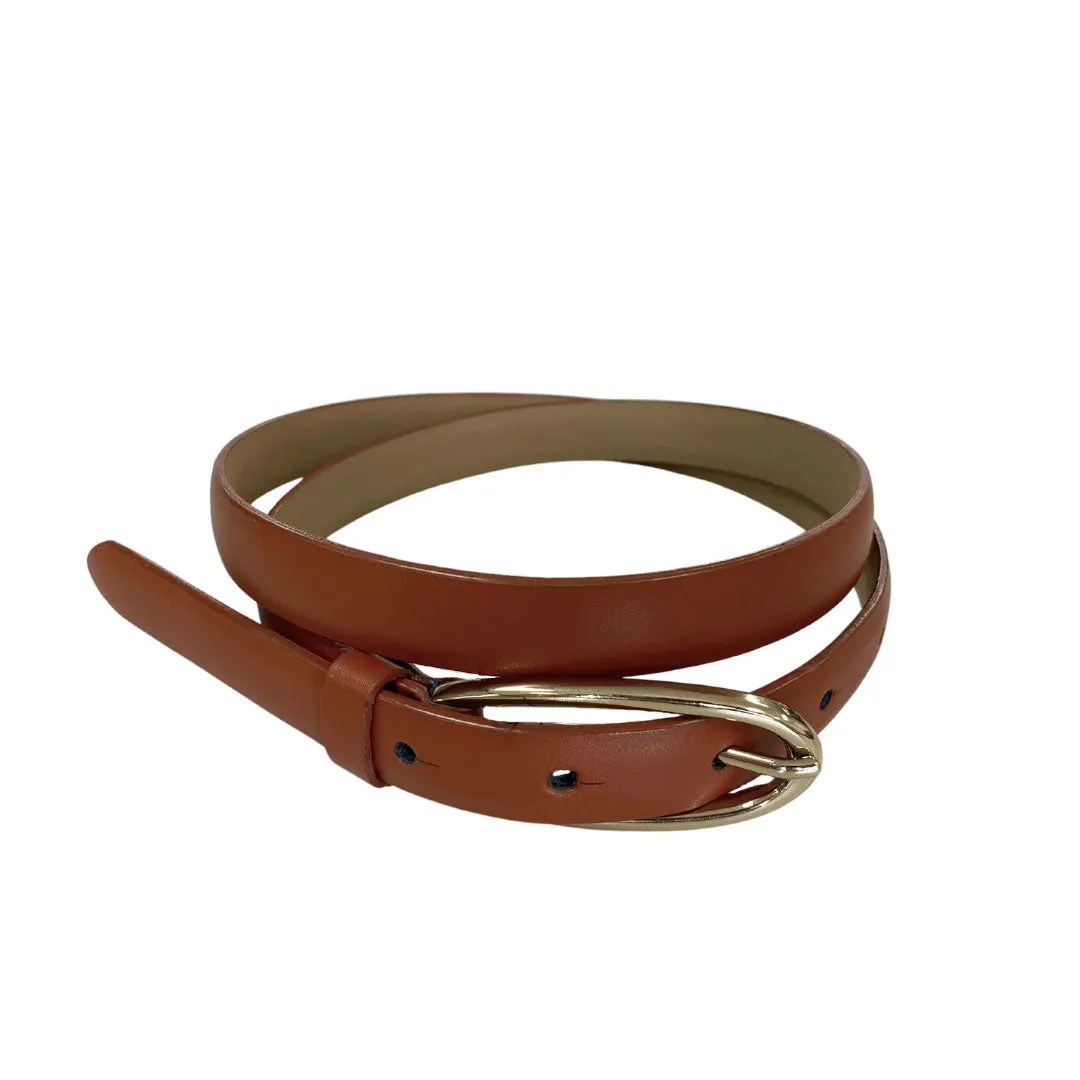 INGRID - Women's Brown Genuine Leather Skinny Belt with Oval Gold Buckle