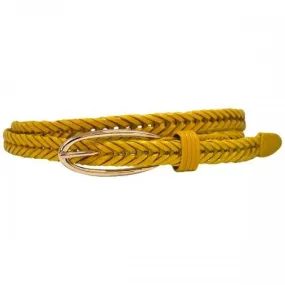 KELLY - Womens Skinny Yellow Plaited Leather Belt with Gold Oval Buckle