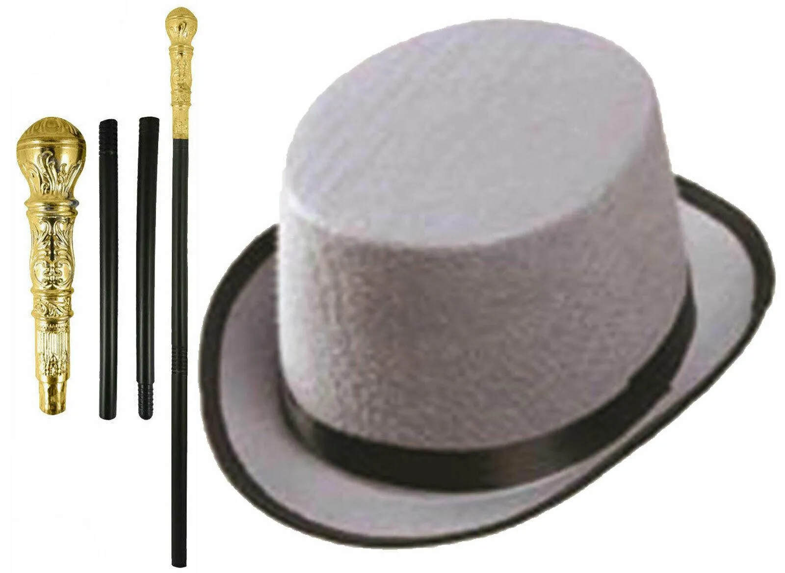 Kids Grey Top Hat with Gold Pimp Stick Victorian Boy Fancy Dress Party Set