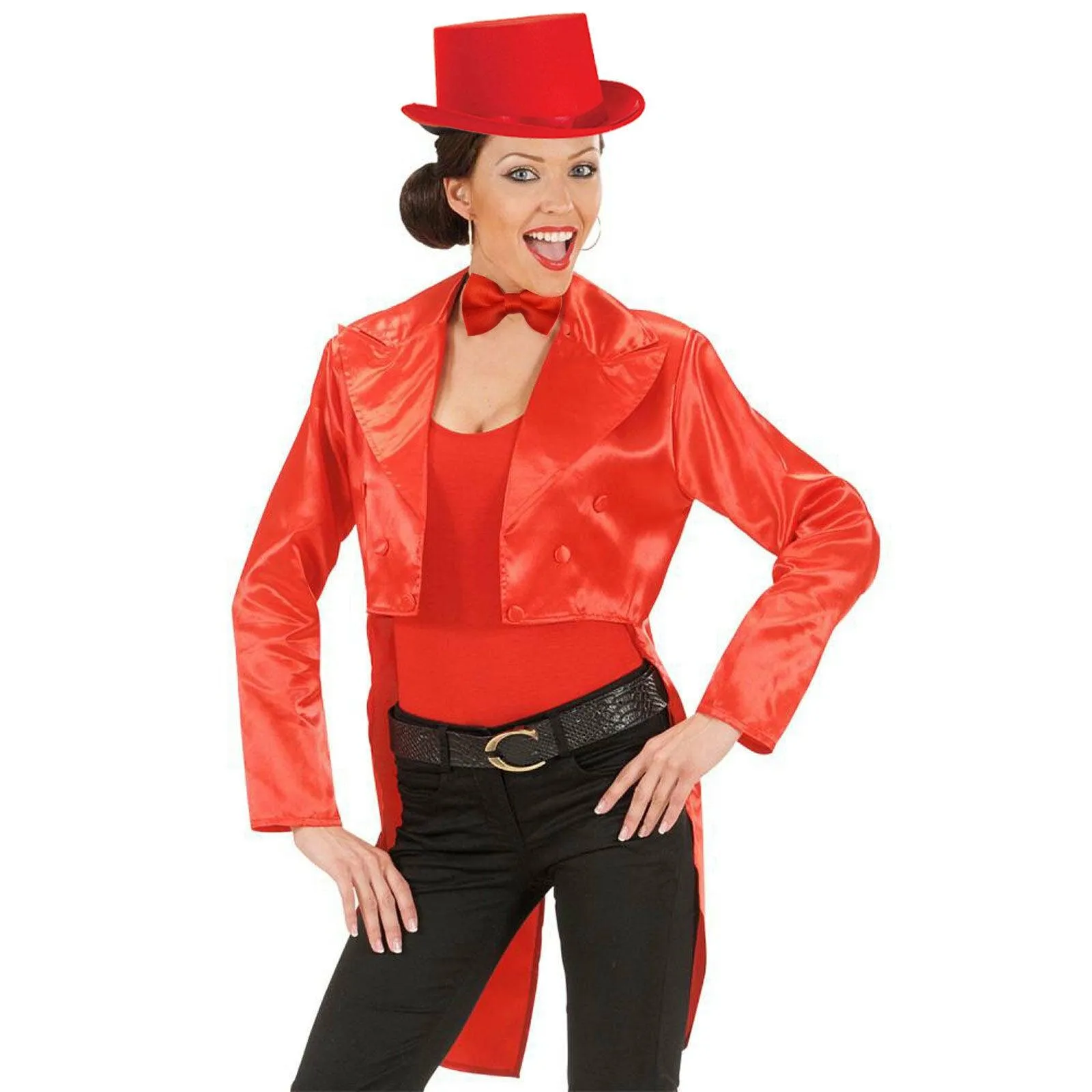 Ladies Red Satin Tailcoat Bow Tie Top Hat Stage Performance Fancy Dress Costume