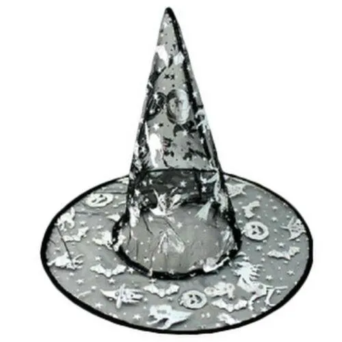 Ladies Womens Black Witch Hat with Silver Halloween Prints Fancy Dress Hat