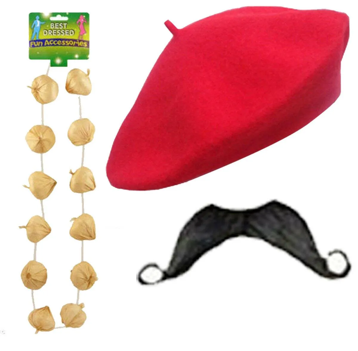 Men's Belgium Detective Red Beret Hat Moustache Garlic Necklace 3Pc Set