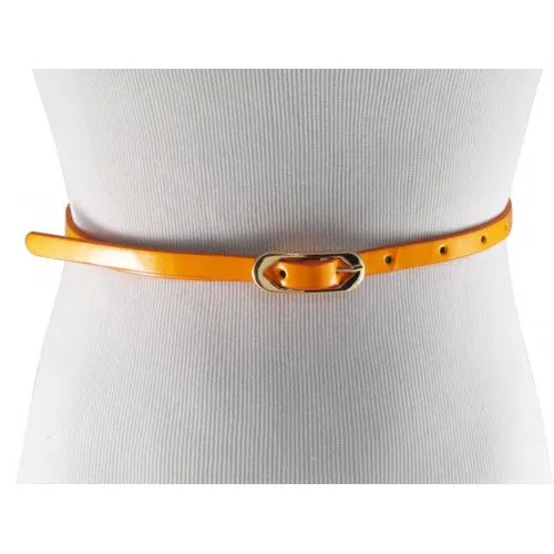 Neon Tangerine Skinny Belt with Brass Oblong Buckle- Imitation Leather