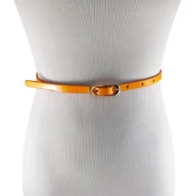 Neon Tangerine Skinny Belt with Brass Oblong Buckle- Imitation Leather