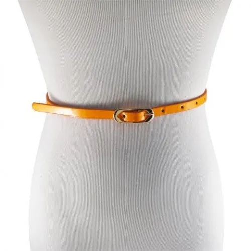 Neon Tangerine Skinny Belt with Brass Oblong Buckle- Imitation Leather