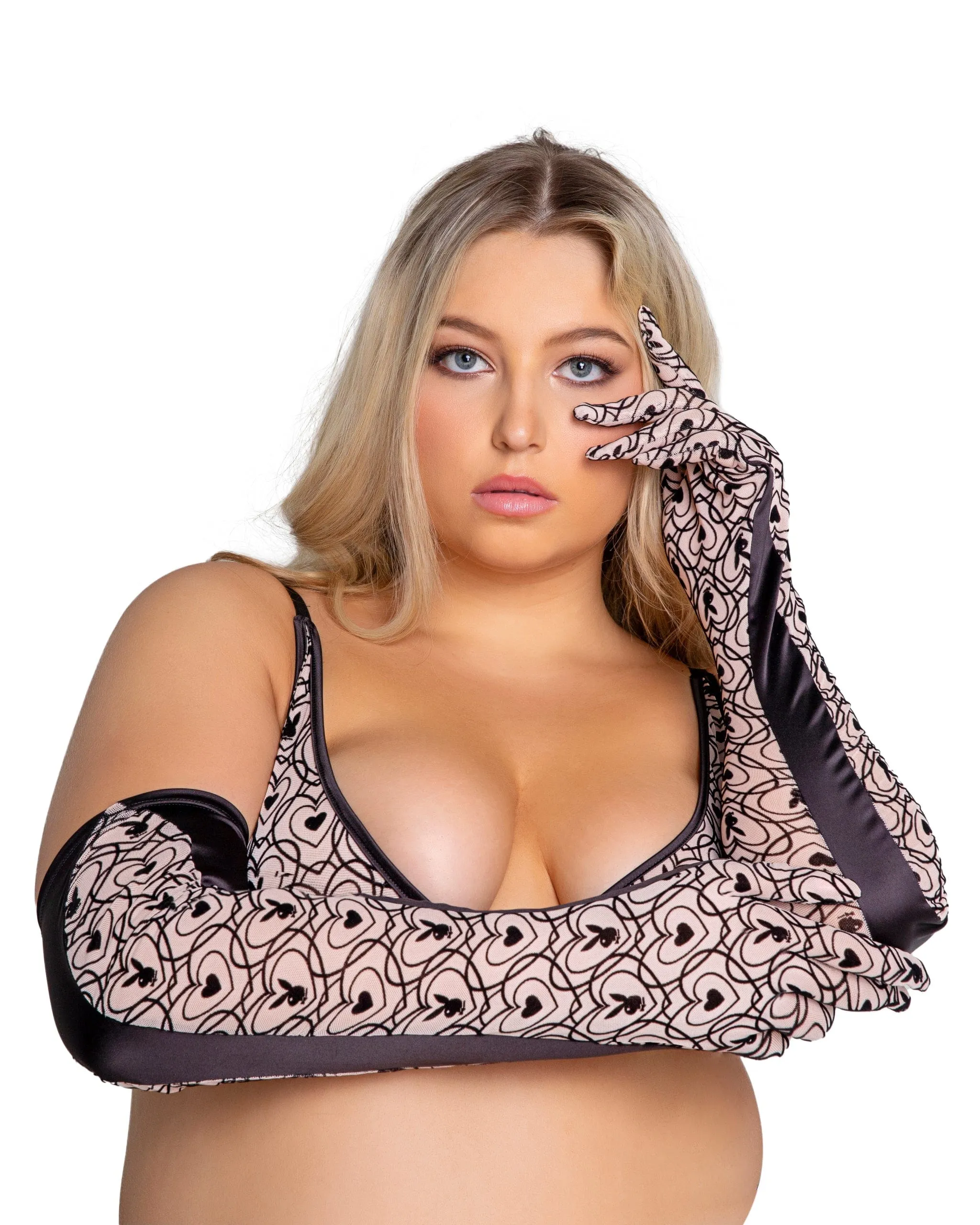 Nude Satin Mesh Playboy Bunny & Heart Print Kiss Gloves