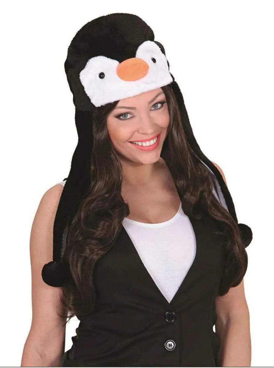 Panda Bear Animal Plush Adults BlackHooded Hat Cap Beanie Earmuff Party Dress Up