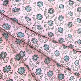 Pink / Blue Floral Cotton Voile Hand Block Print from India by the Yard #5056