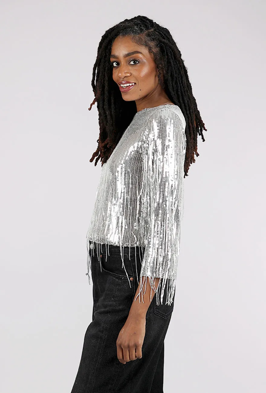 Sequin Fringe Top, Silver