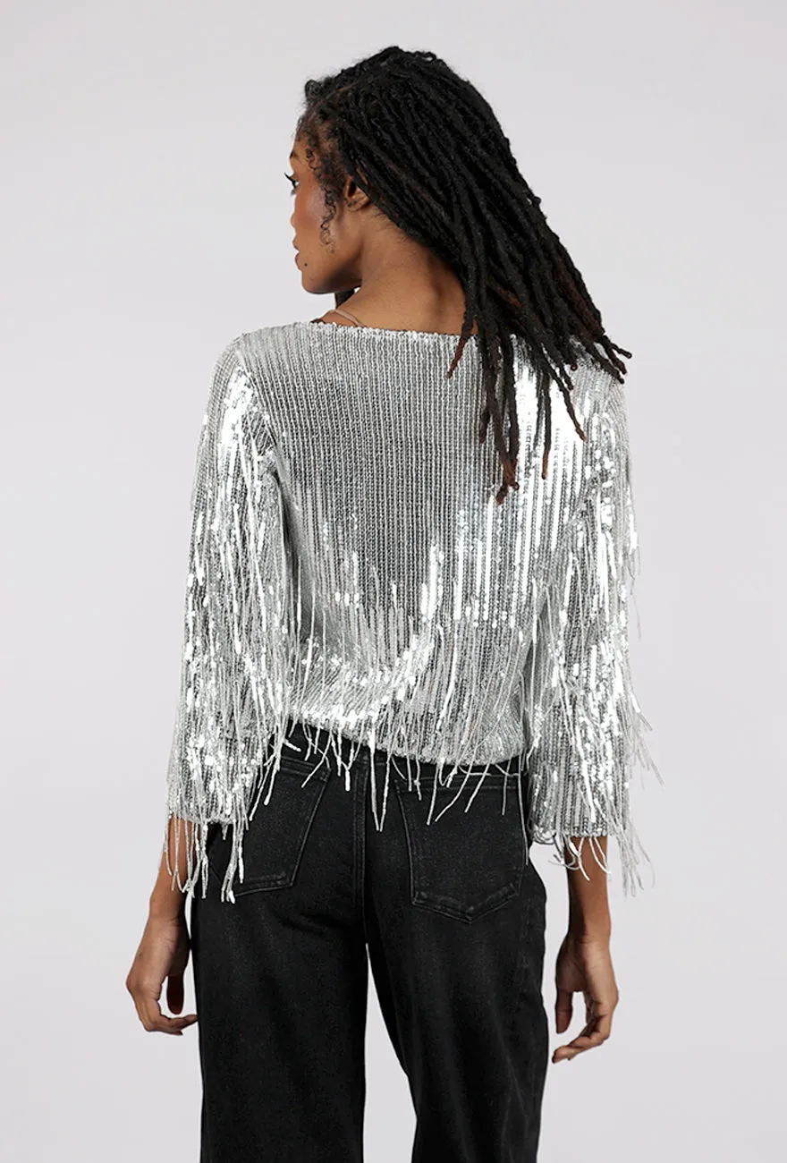 Sequin Fringe Top, Silver