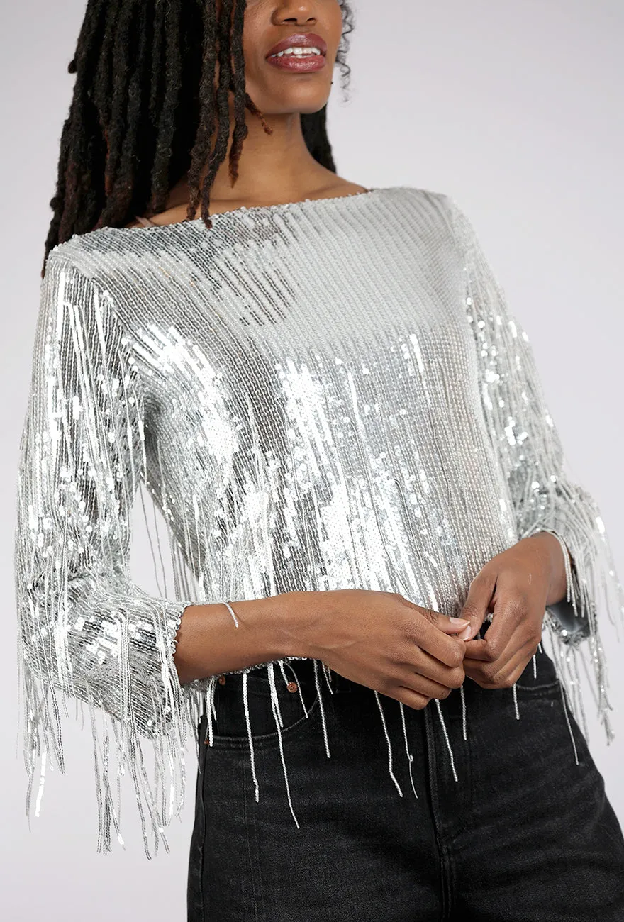 Sequin Fringe Top, Silver