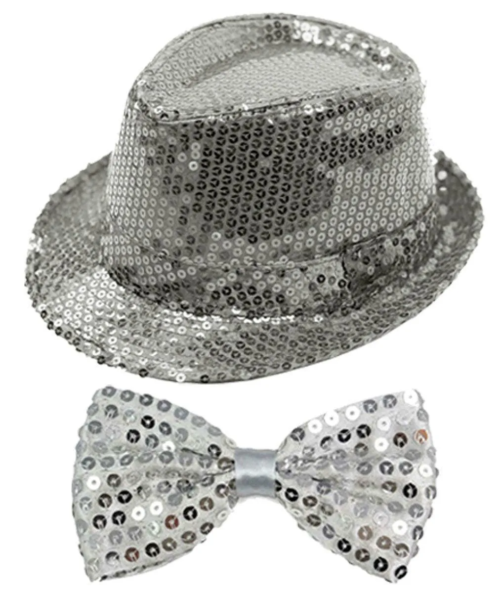 Sparkling Silve Sequin Hat Braces Dicky Dickie Bow Tie Fancy Party Accessory Set