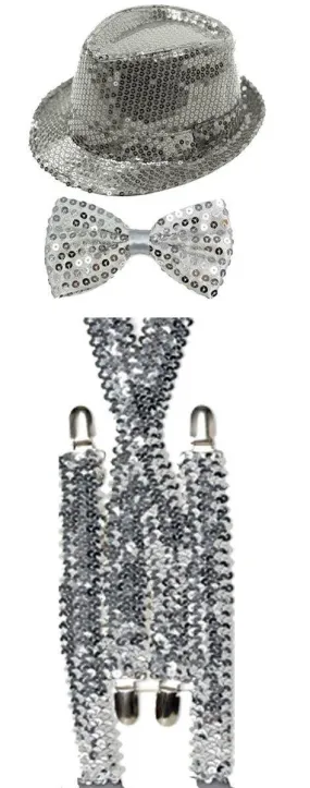 Sparkling Silve Sequin Hat Braces Dicky Dickie Bow Tie Fancy Party Accessory Set