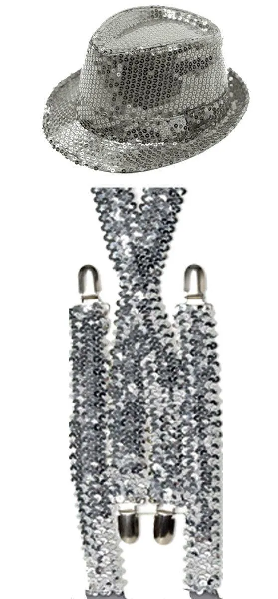 Sparkling Silve Sequin Hat Braces Dicky Dickie Bow Tie Fancy Party Accessory Set