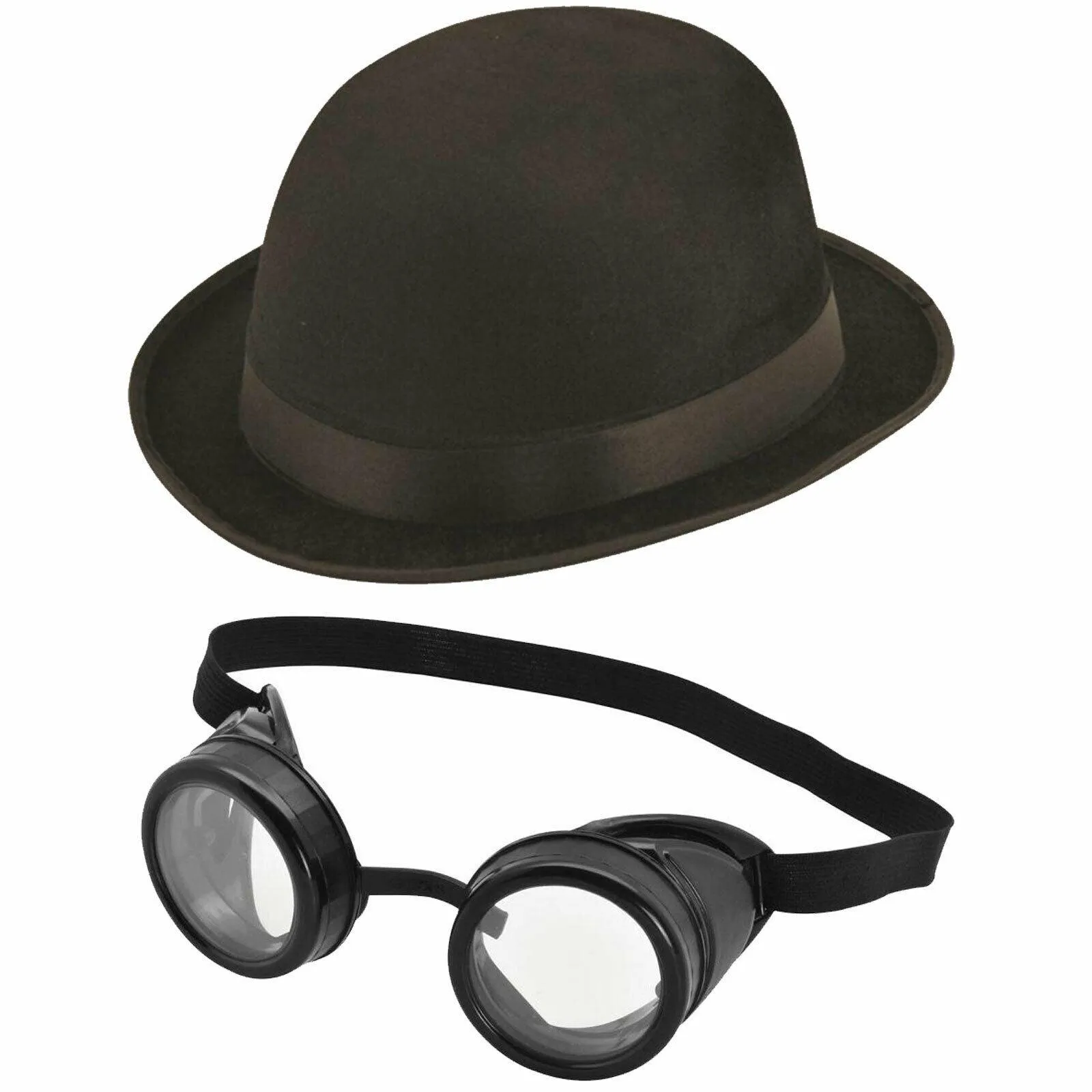 Steam punk Black Plastic Goggles   Black Bowler Hat Victorian Fancy Dress Set