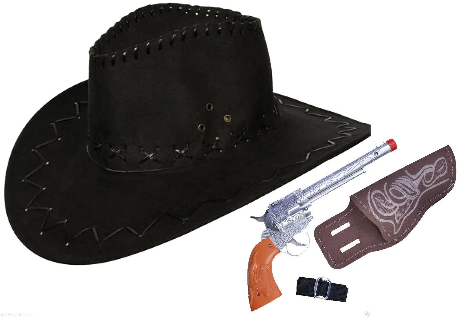 Suede Look Wild Western Cowboy Hat & Plastic Gun with Black Belt Fancy Dress Set