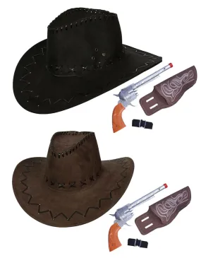 Suede Look Wild Western Cowboy Hat & Plastic Gun with Black Belt Fancy Dress Set