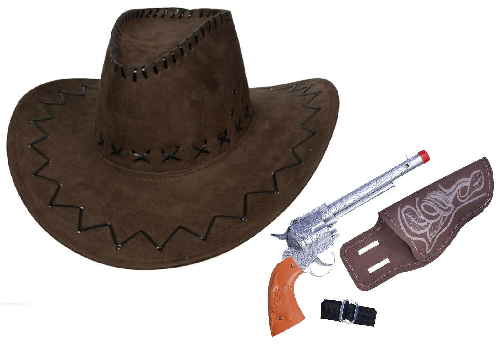 Suede Look Wild Western Cowboy Hat & Plastic Gun with Black Belt Fancy Dress Set