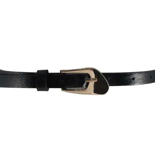 Textured Black Skinny Belt with Oblique Brass Buckle