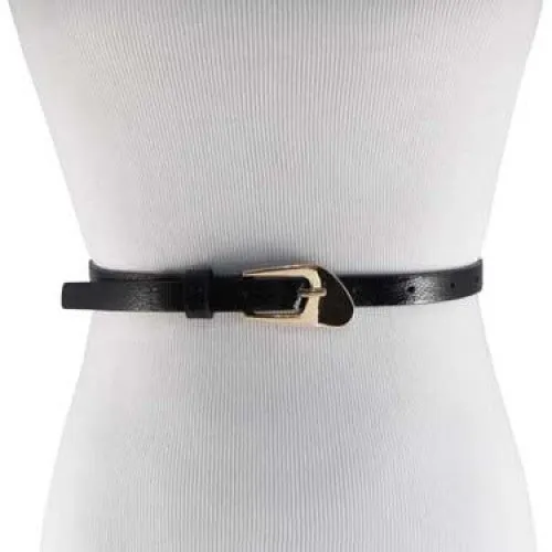 Textured Black Skinny Belt with Oblique Brass Buckle