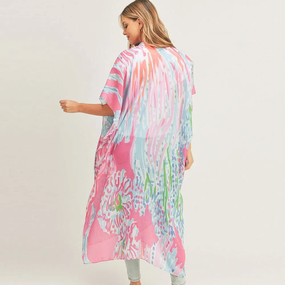 Tropical Pink Kimono Cover-Up with Tassels