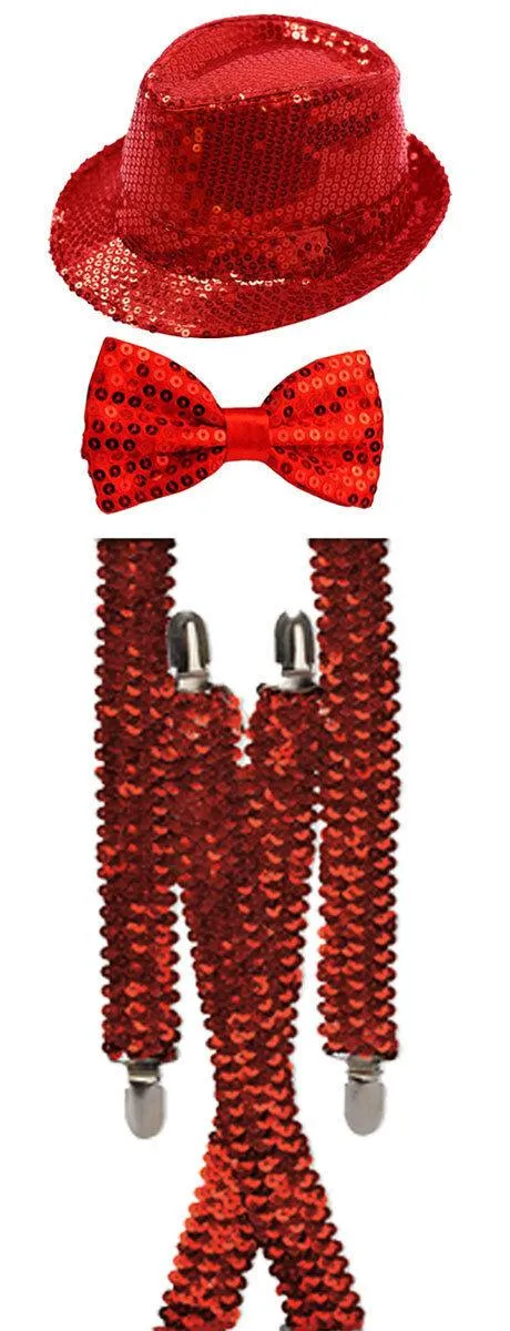 Unisex Sparkly Sequin Hat Braces Dicky Dickie Bow Tie Adults Fancy Dress Set