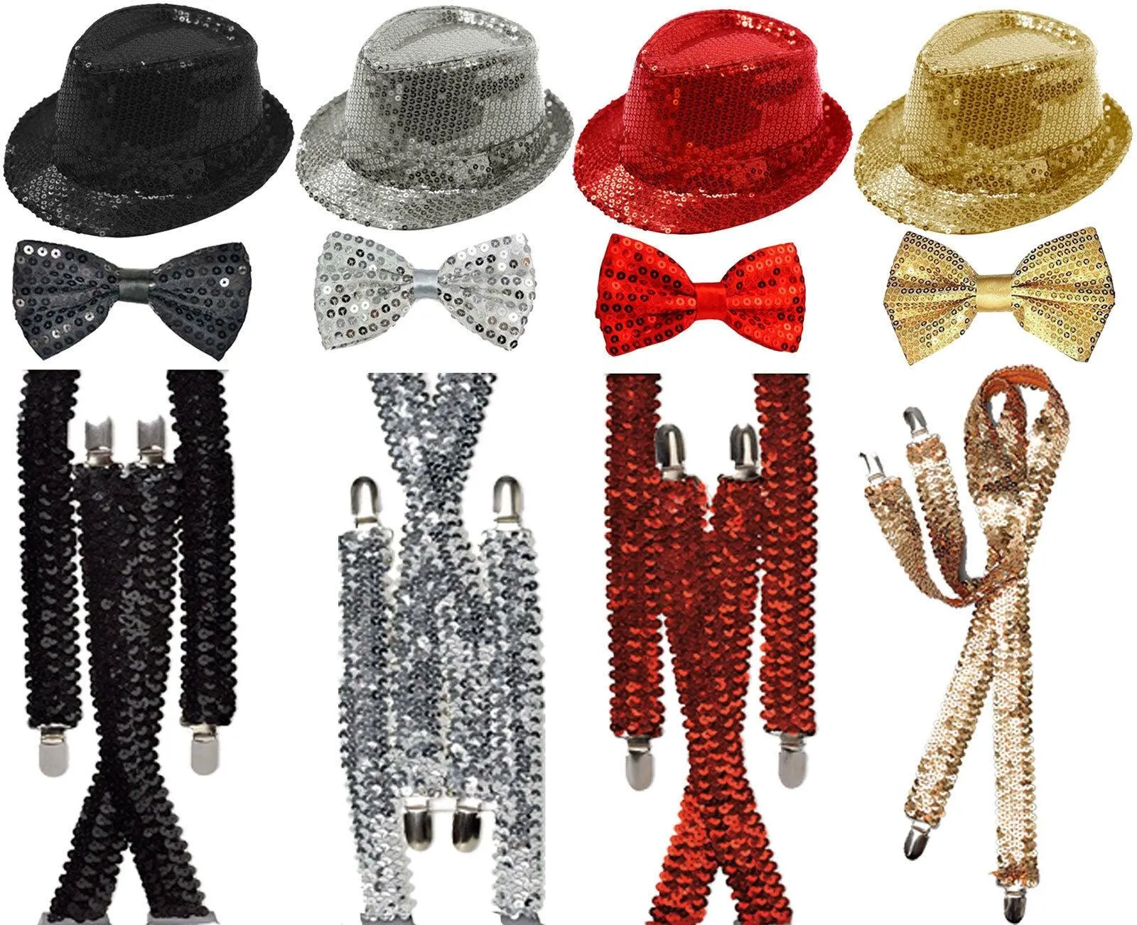 Unisex Sparkly Sequin Hat Braces Dicky Dickie Bow Tie Adults Fancy Dress Set