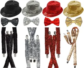 Unisex Sparkly Sequin Hat Braces Dicky Dickie Bow Tie Adults Fancy Dress Set