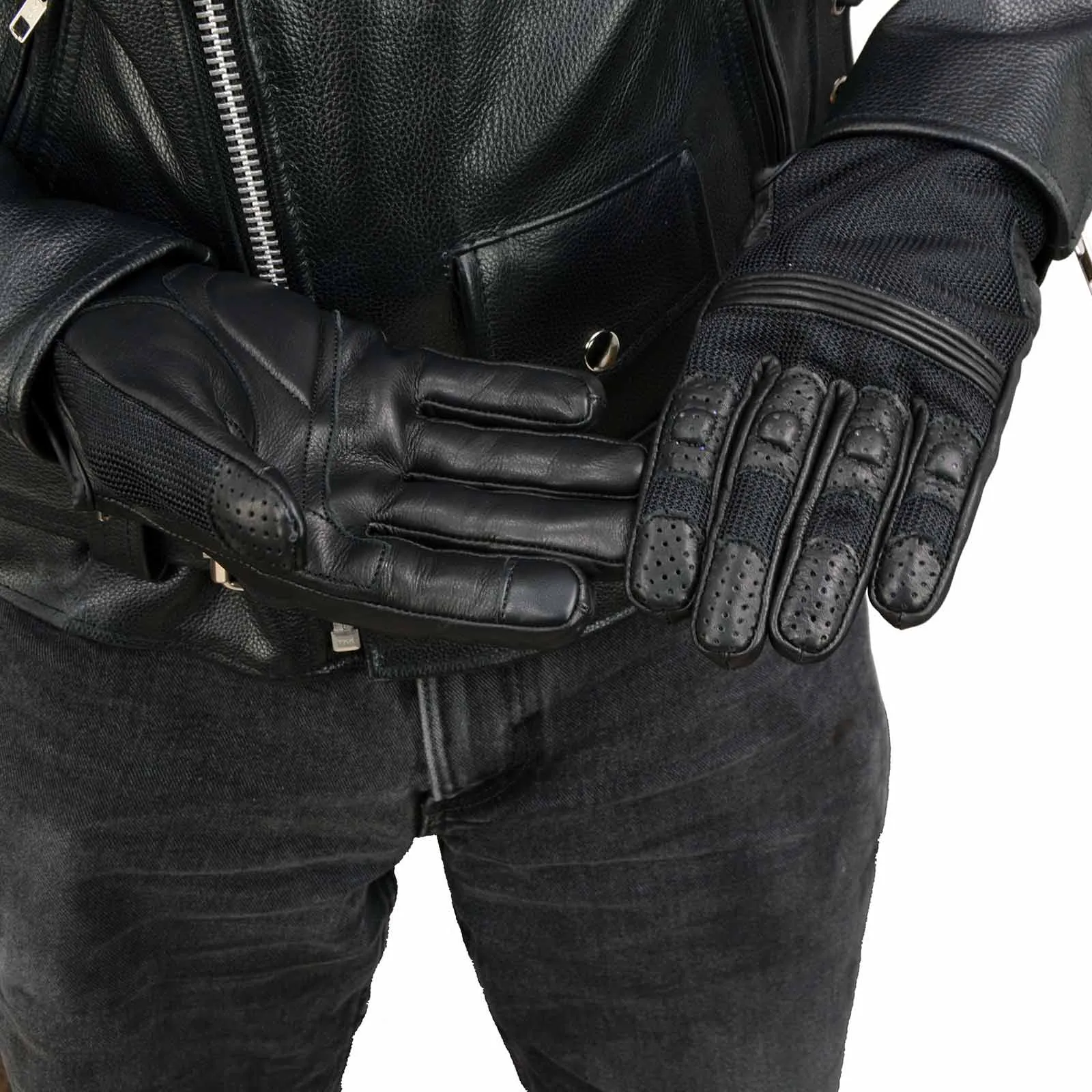 Xelement XG17506 Men's Black Leather with Mesh Racing Motorcycle Gloves